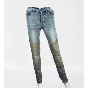 Man Boohoo Man, Men's Skinny, Frayed holes, Patches, 5 pocket, Blue Jeans, 28R
